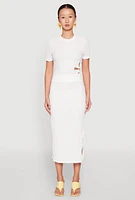 Womens Textured Knit Side Slit Midi Skirt, White, Size M