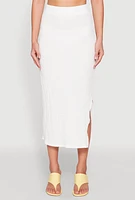 Womens Textured Knit Side Slit Midi Skirt, White, Size M