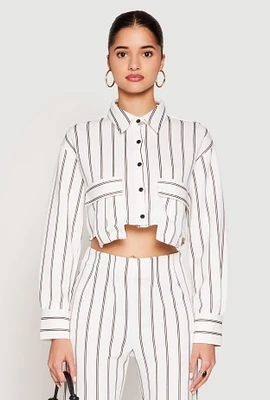 Womens Striped Pocket Cropped Button Front Shirt, White,