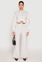 Womens Striped Pocket Cropped Button Front Shirt, White,