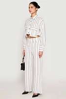 Womens Striped Pocket Cropped Button Front Shirt, White,