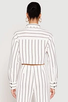 Womens Striped Pocket Cropped Button Front Shirt, White,