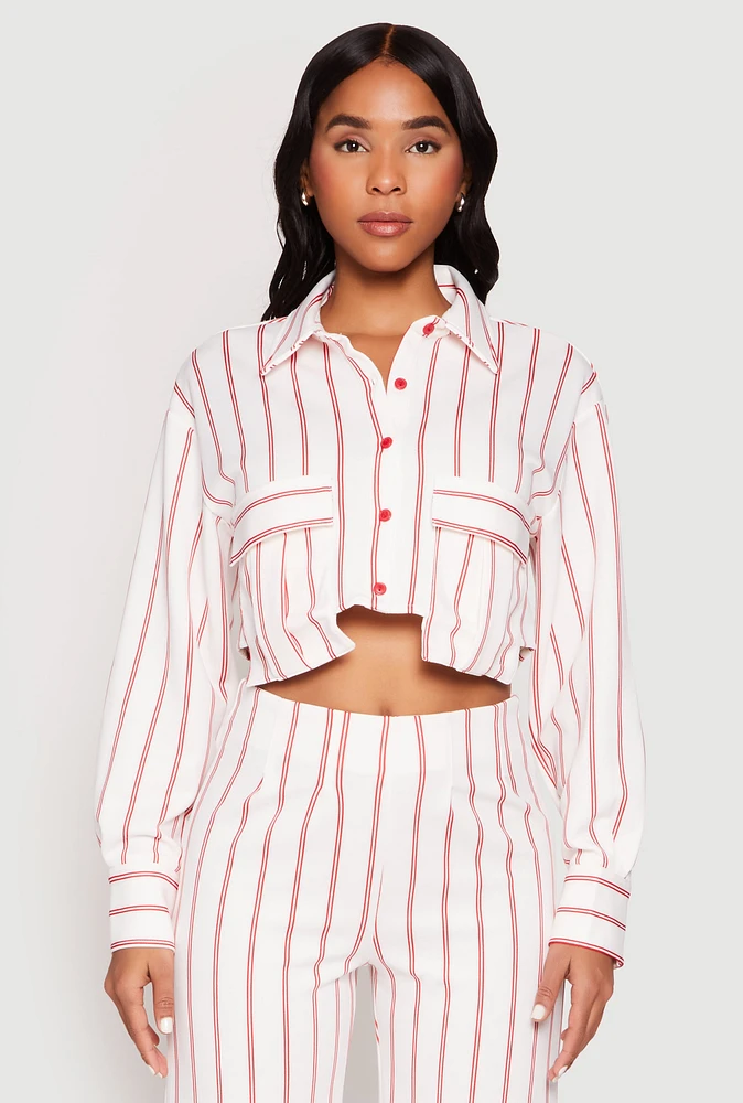 Womens Striped Pocket Cropped Button Front Shirt, White, Size M