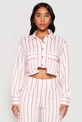 Womens Striped Pocket Cropped Button Front Shirt, White, Size M