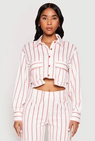 Womens Striped Pocket Cropped Button Front Shirt, White, Size M