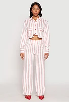 Womens Striped Pocket Cropped Button Front Shirt, White, Size M