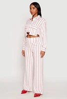 Womens Striped Pocket Cropped Button Front Shirt, White, Size M
