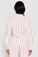Womens Striped Pocket Cropped Button Front Shirt, White, Size M