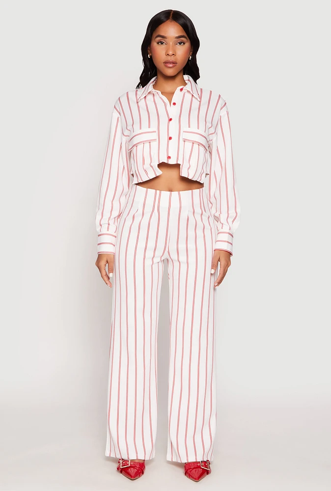 Womens Striped High Waisted Dress Pants, White, Size M