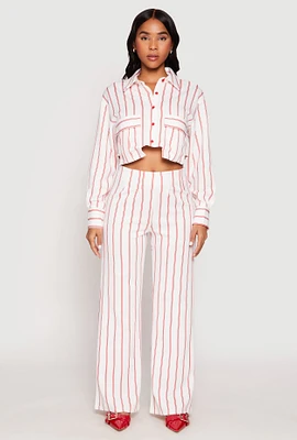Womens Striped High Waisted Dress Pants, White, Size M