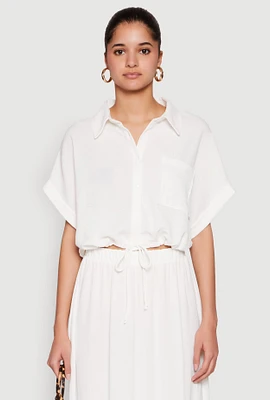 Womens Airy Drawstring Hem Shirt, White, Size XL