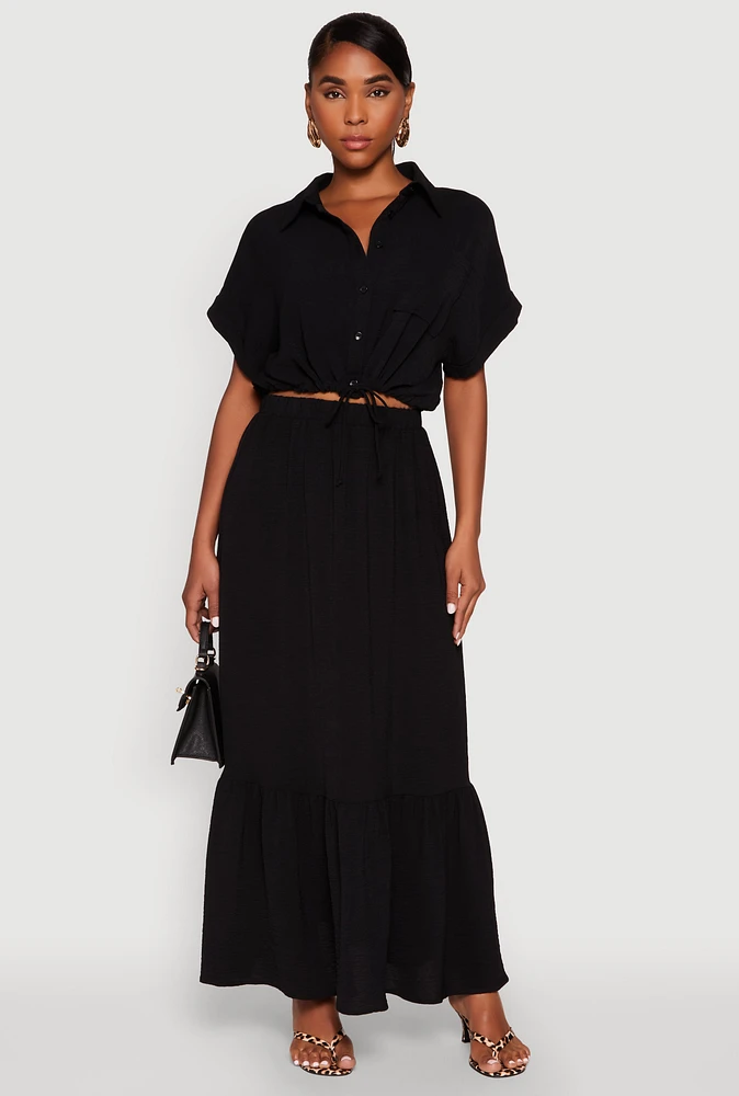 Womens Airy High Waisted Tiered Skirt, Black, Size M