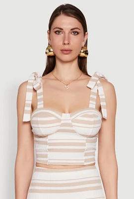 Womens Striped Bow Strap Cropped Bustier Top, Beige,