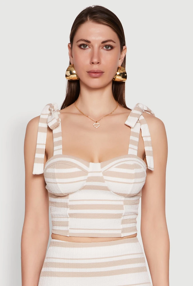 Womens Striped Bow Strap Cropped Bustier Top, Beige, Size S