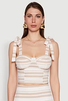 Womens Striped Bow Strap Cropped Bustier Top, Beige, Size S