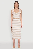 Womens Striped Bow Strap Cropped Bustier Top, Beige, Size S