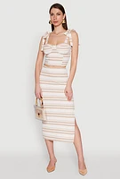 Womens Striped Bow Strap Cropped Bustier Top, Beige, Size S