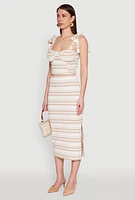 Womens Striped Bow Strap Cropped Bustier Top, Beige, Size S