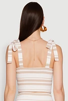 Womens Striped Bow Strap Cropped Bustier Top, Beige, Size S