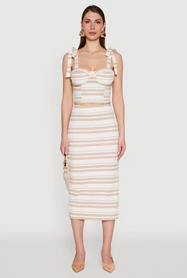 Womens Striped Side Slit Midi Skirt, Khaki, Size S