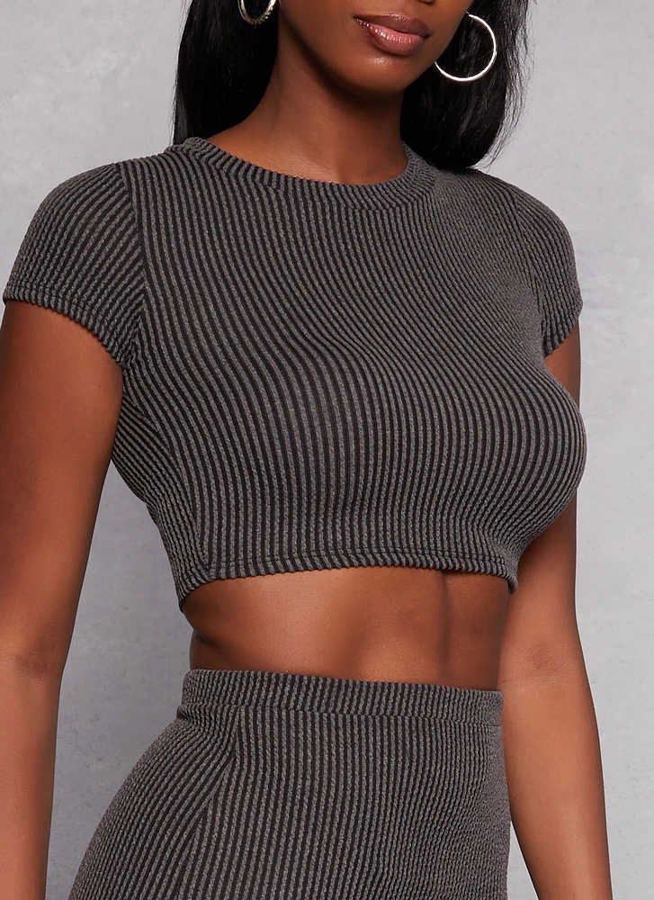 Womens Ribbed Short Sleeve Crop Top, Grey, Size S
