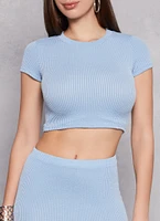 Womens Ribbed Short Sleeve Crop Top, Blue, Size M