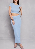Womens Ribbed Short Sleeve Crop Top, Blue, Size S