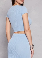 Womens Ribbed Short Sleeve Crop Top, Blue, Size S