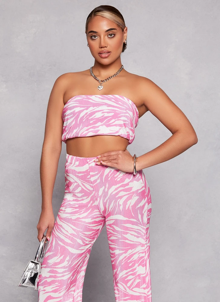 Womens Plisse Printed Cropped Tube Top, Pink, Size L