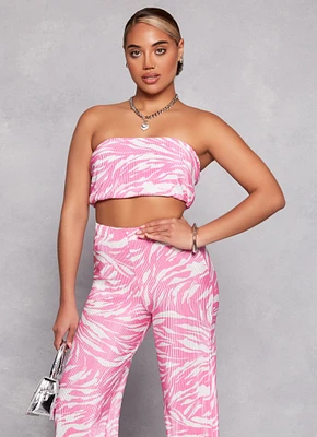 Womens Plisse Printed Cropped Tube Top, Pink, Size L