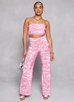 Womens Plisse Printed Cropped Tube Top, Pink, Size L