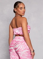 Womens Plisse Printed Cropped Tube Top, Pink, Size L