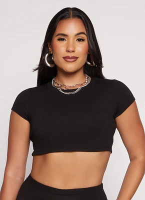 Womens Ribbed Knit Cropped Tee, Black, Size L