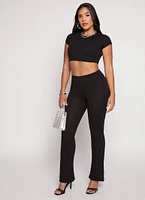 Womens Ribbed Knit Cropped Tee, Black, Size L
