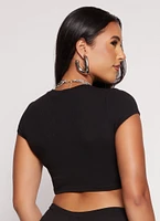 Womens Ribbed Knit Cropped Tee, Black, Size L