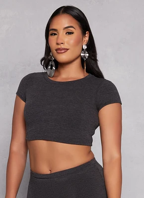 Womens Ribbed Knit Cropped Tee, Grey, Size M