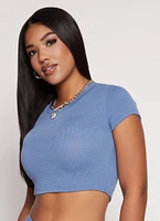 Womens Ribbed Knit Cropped Tee, Blue, Size L