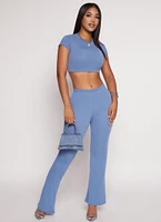 Womens Ribbed Knit Cropped Tee, Blue, Size L