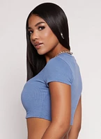 Womens Ribbed Knit Cropped Tee, Blue, Size L