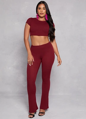 Womens Ribbed Knit Pull On Boot Cut Pants, Burgundy, Size M