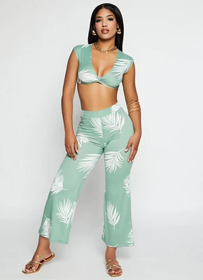 Womens Palm Leaf Print Twist Front Crop Top, Green, Size L