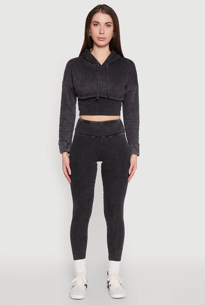 Womens Rib Knit Mineral Wash High Waisted Leggings, Black, Size L