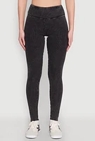 Womens Rib Knit Mineral Wash High Waisted Leggings, Black, Size L