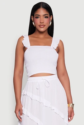 Womens Chic Gauze Knit Ruffle Strap Crop Top with Square Neck, White, Size XL