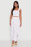 Womens Chic Gauze Knit Ruffle Strap Crop Top with Square Neck, White, Size XL
