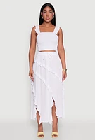 Womens Chic Gauze Knit Ruffle Strap Crop Top with Square Neck, White, Size XL