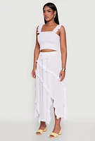 Womens Chic Gauze Knit Ruffle Strap Crop Top with Square Neck, White, Size XL