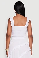 Womens Chic Gauze Knit Ruffle Strap Crop Top with Square Neck, White, Size XL