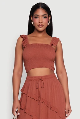 Womens Chic Gauze Knit Ruffle Strap Crop Top with Square Neck, Brown, Size XL