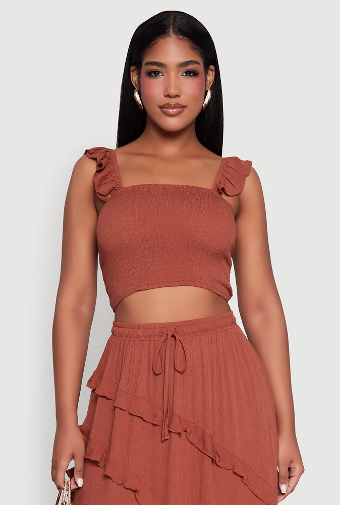 Womens Chic Gauze Knit Ruffle Strap Crop Top with Square Neck,